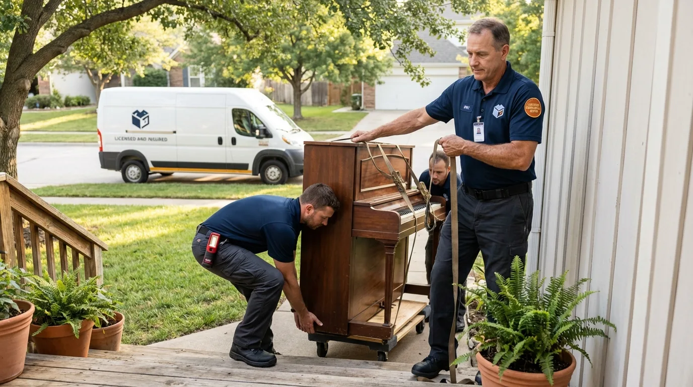 Licensed piano movers securing grand piano in Florence, AL